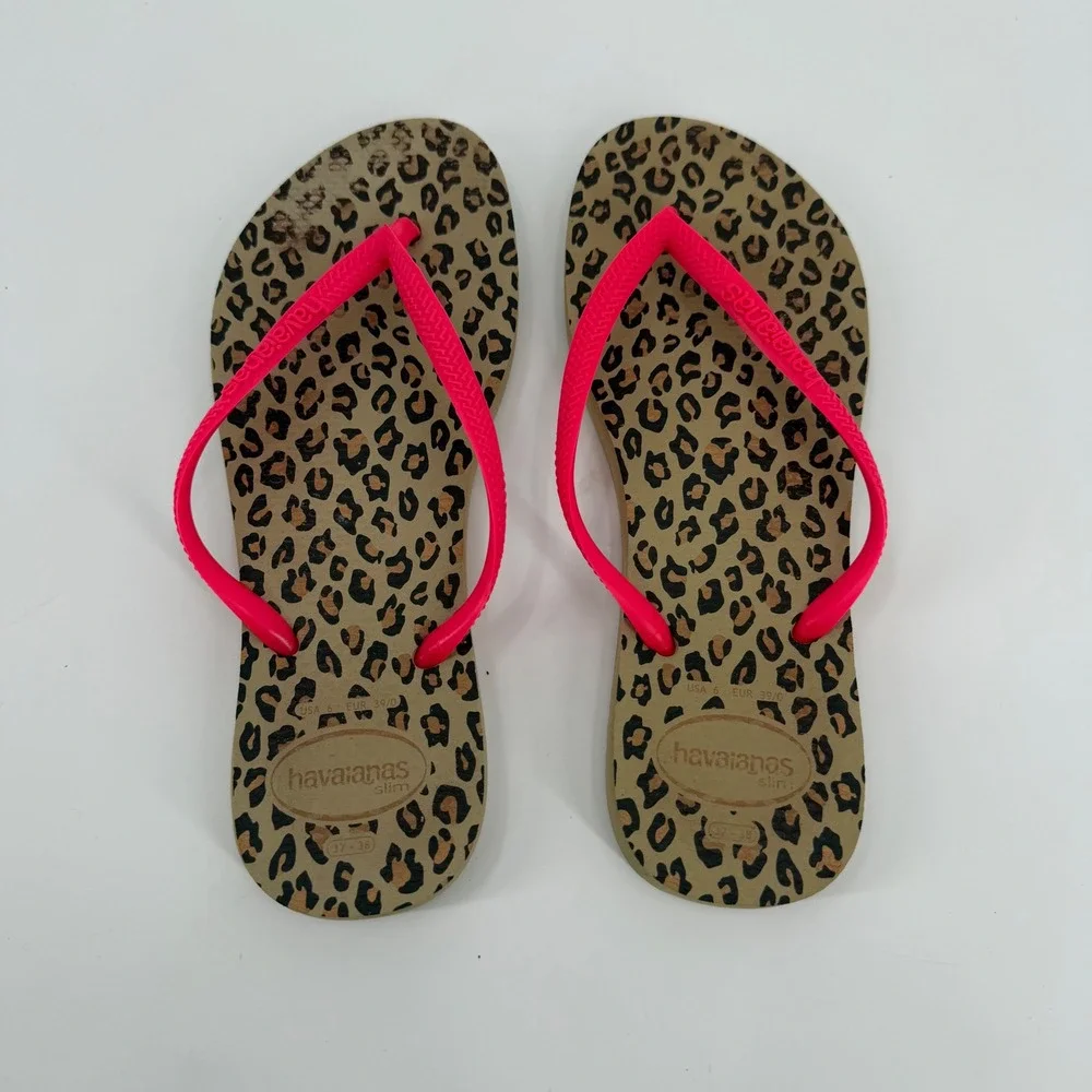 Havaianas Slim Leopard Flip Flops Neon Pink Straps Animal Print Womens Size 6